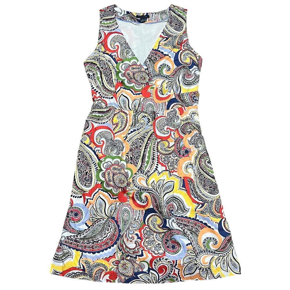 Tommy Hilfiger Paisley Midi Dress Boho Artsy Lined Women’s 6 Cotton Shift V Neck